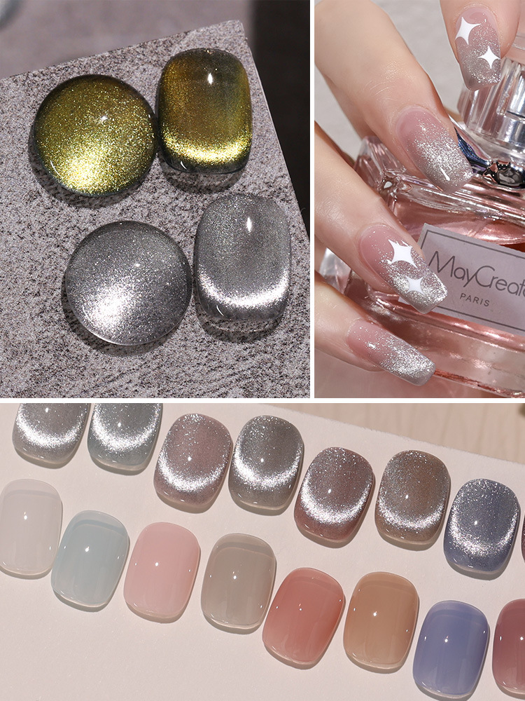 戈雅2021新款晶石猫眼甲油胶冰透银白宽猫眼流行冰沙月光石猫眼胶