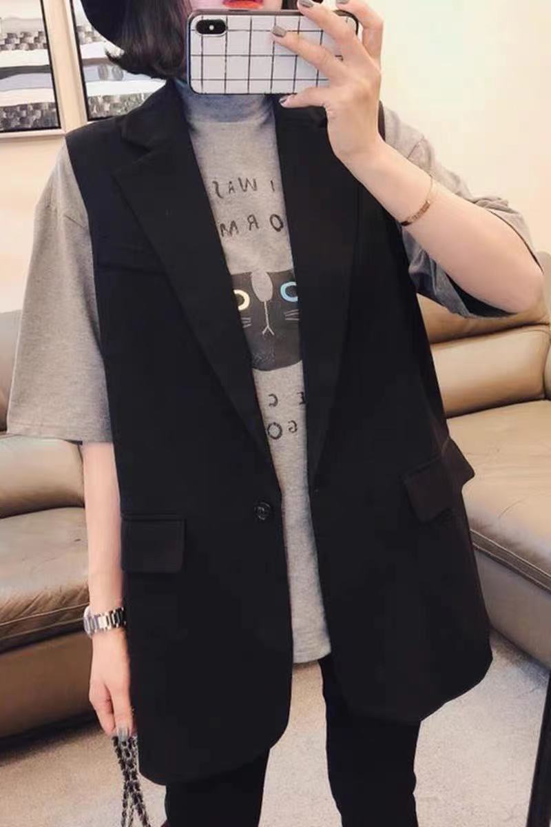 西装马甲女士背心中长款春秋季新款韩版外搭坎肩黑色马夹外套