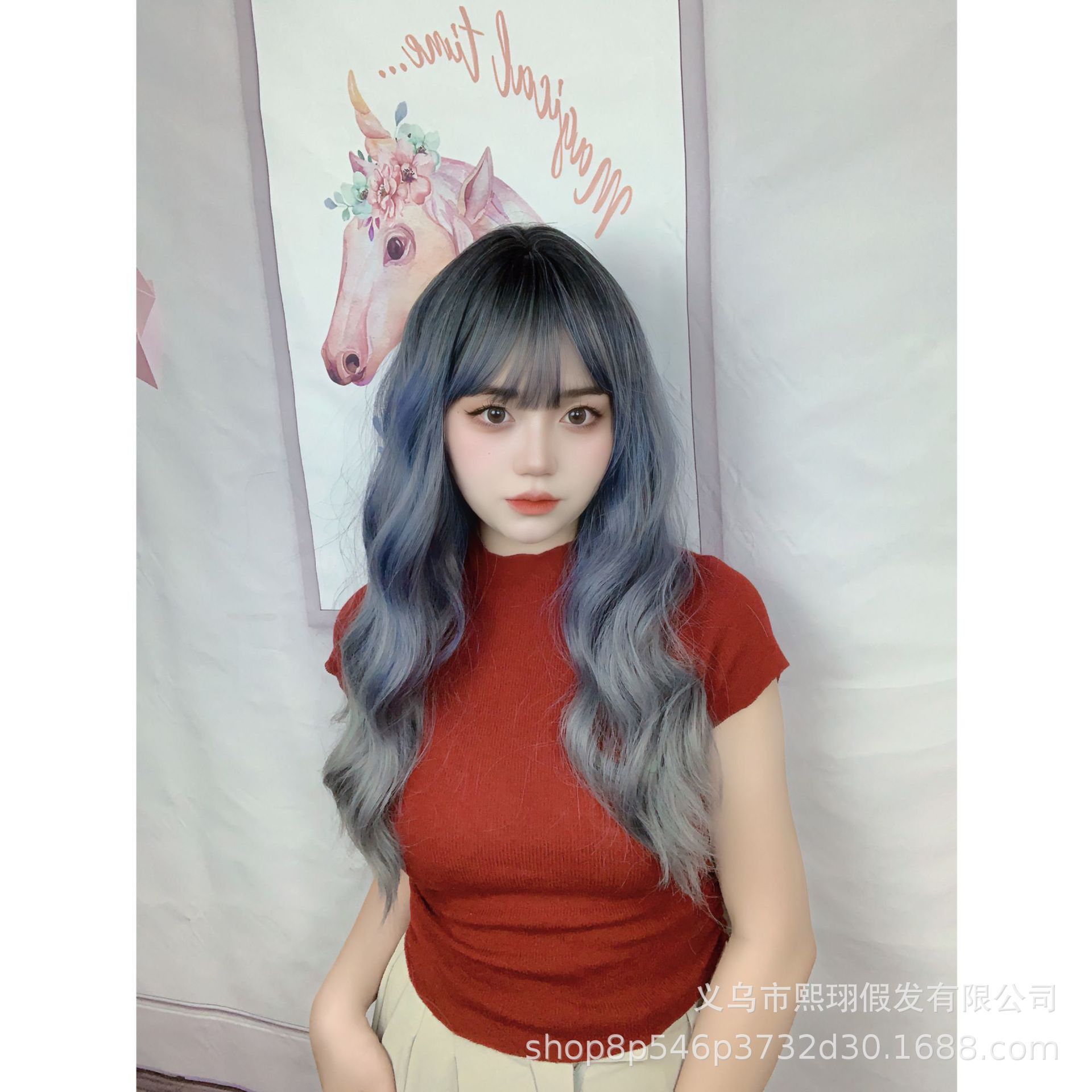 新款假发女大波浪长卷发人鱼渐变蓝色仿真发丝挑染整顶假发全头套