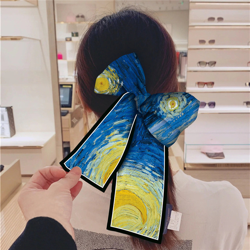 Spring and Autumn Retro Lightweight Oil Painting Graffiti Double-Layer Satin Long Ribbon Boxer Summer Silk Scarf Female Hair Binding Decoration