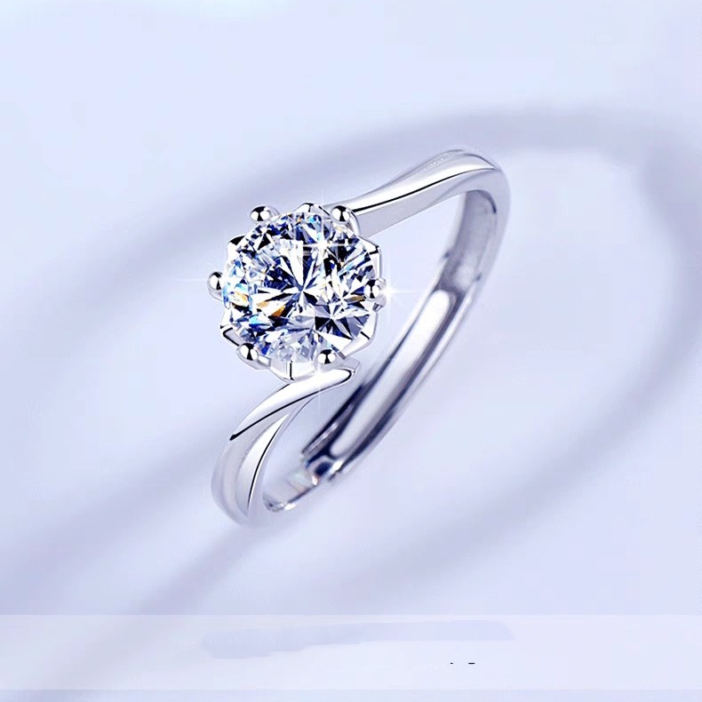 纯白铜不掉色开口可调节超闪钻六爪雪花戒指女女友求婚情人节礼物