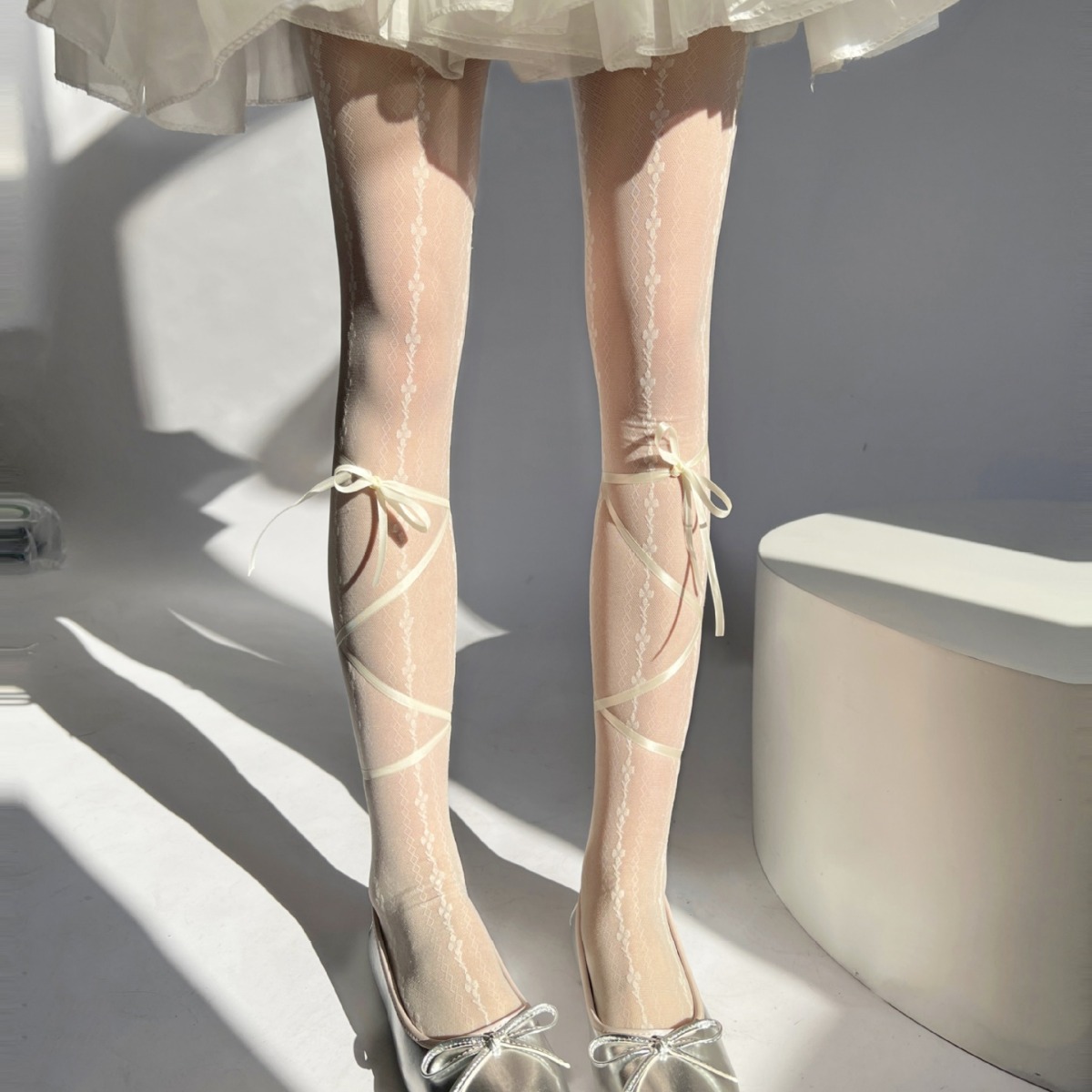 lolita甜美少女丝带绑带打底连裤袜芭蕾风条纹提花纯欲白色丝袜女