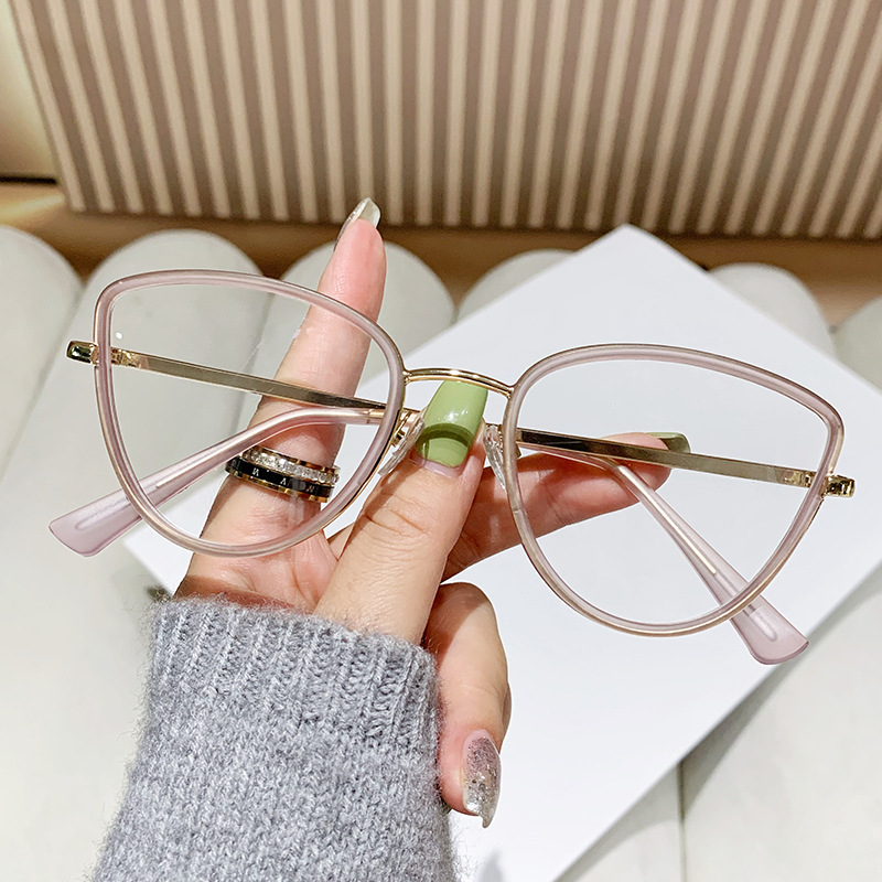 Anti-Blue Light Metal Cat Eye Plain Glasses New Ins Glasses Frame Cross-Border Fashion with Myopic Glasses Option Glasses Frame