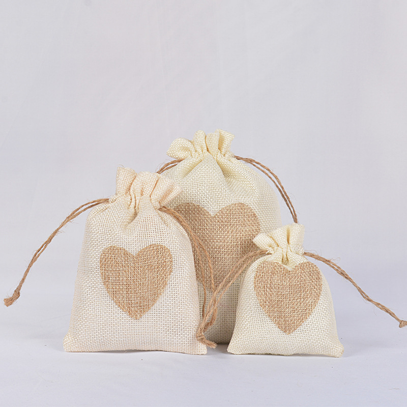 Linen Drawstring Bag Natural Love Drawstring Linen Bag Wedding Favors Gift Packaging Bag 10 * 14cm