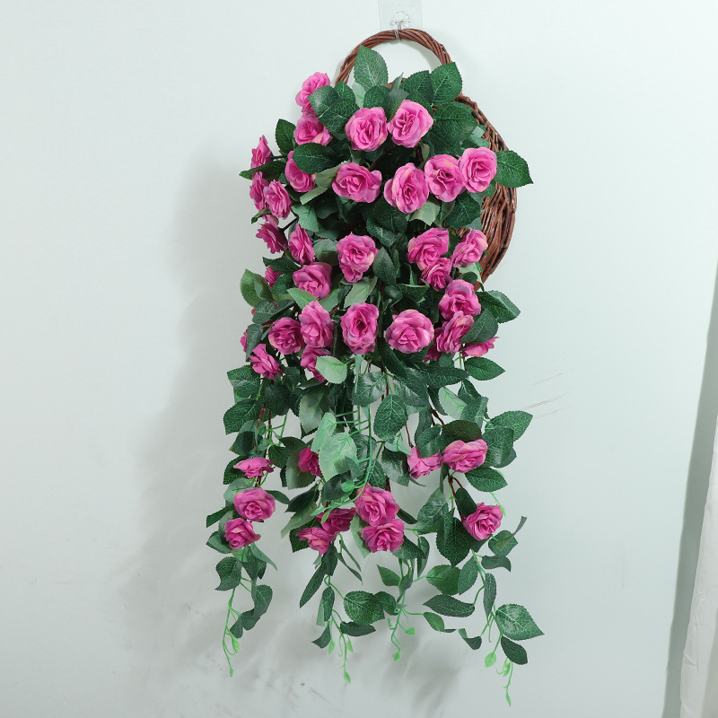 Artificial Rose Wall Hanging Fake Flower Rattan Decoration Indoor Living Room Wall Hanging Plastic Vine Rose Wall-Mounted Basket