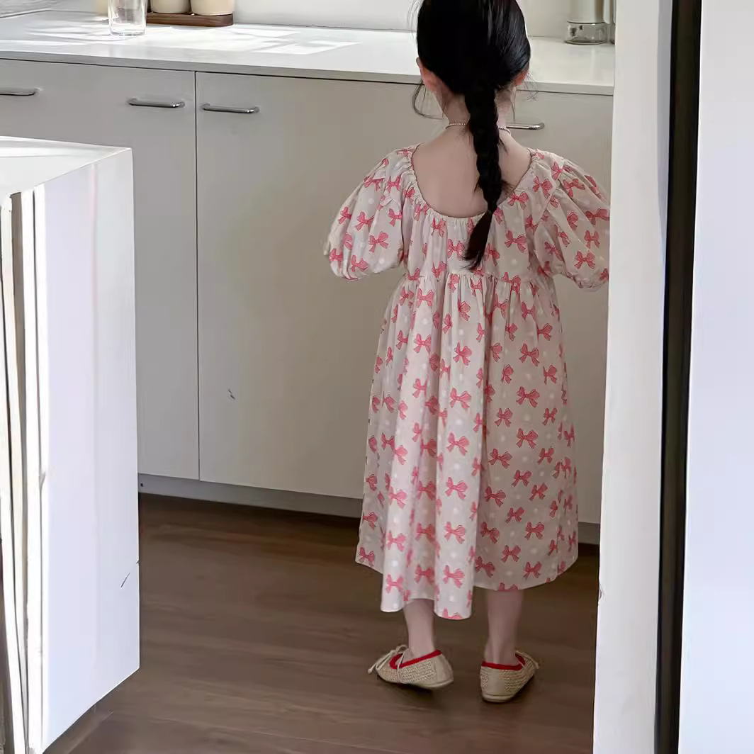 ins韩国童装 2024夏款 新款 中大童 女童 蝴蝶结露背 连衣裙 裙子