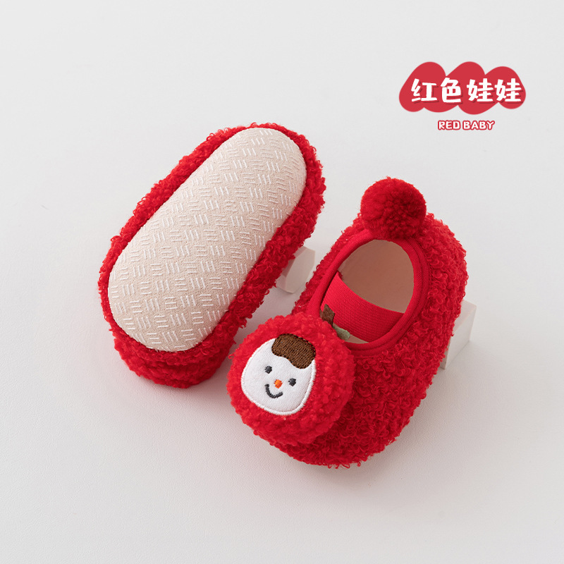 Baby Floor Shoes Socks Autumn and Winter Thickening Terry Mid-Calf Red New Year Baby Non-Slip Soft Bottom Floor Anti-Slip Shoes and Socks