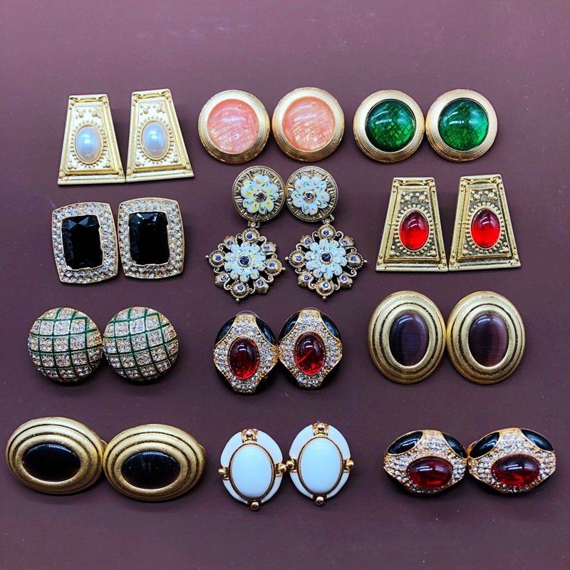 海外尾货monet打标银针耳钉电镀真金石头宝石vintage中古耳夹a48