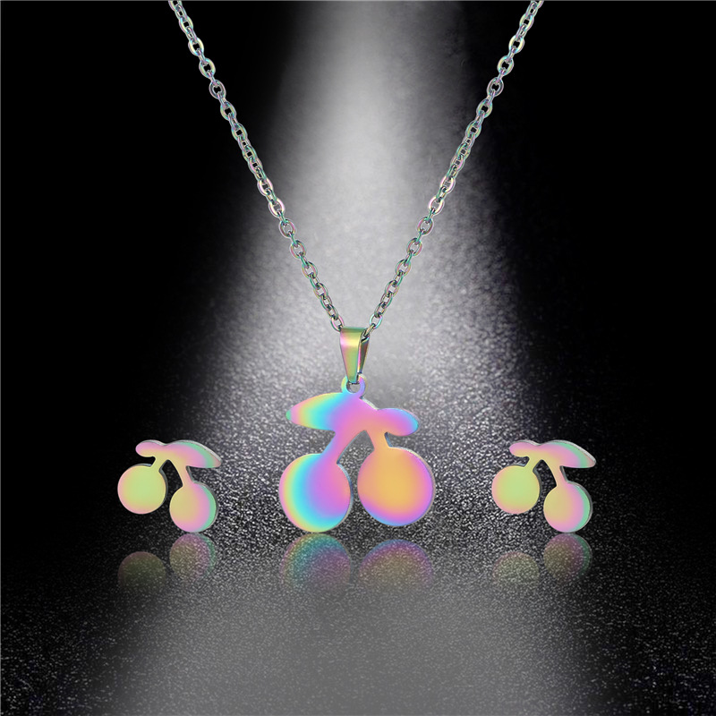 Cherry Titanium Steel Necklace Women's New Hip Hop Clavicle Chain Earings Set European and American Special-Interest Design Colorful Sweater Chain