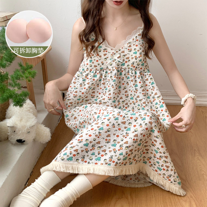 Online Live Summer Bubble Cotton Slip Nightdress Women's Sweet Outer Wear with Chest Pad Home Wear Cross-Border Wholesale