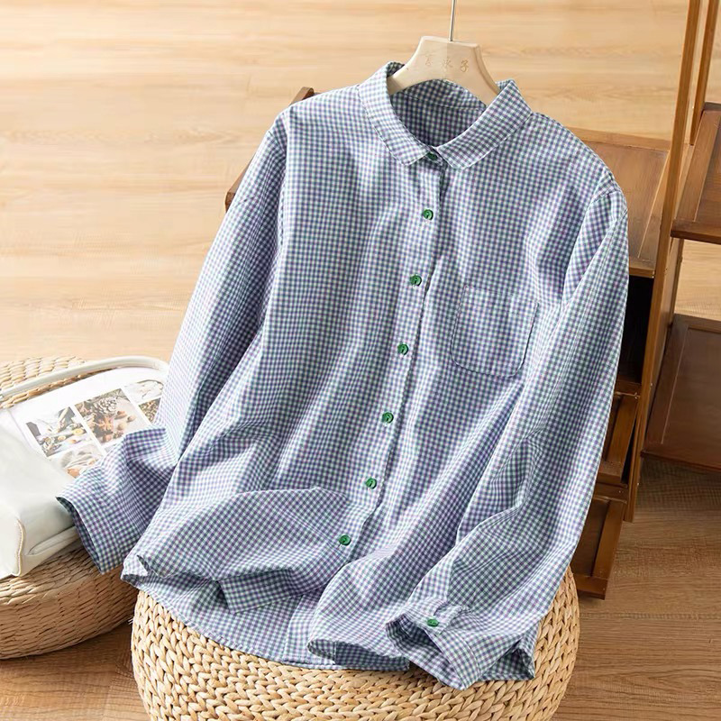 港味纯色格子衬衫女文艺复古休闲宽松显瘦衬衣2023春季新款上衣