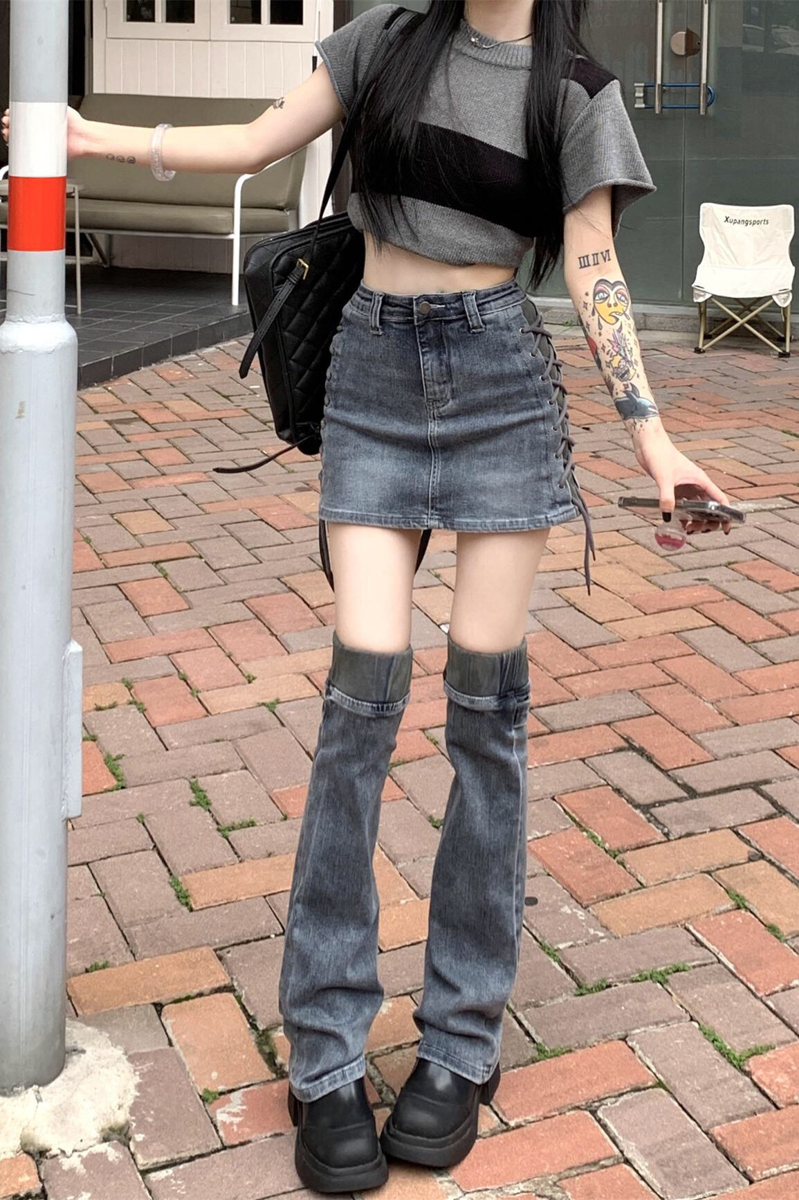 夏季高街女孩穿搭牛仔裤个性可拆卸截断式辣妹裤子女潮酷短裙腿套