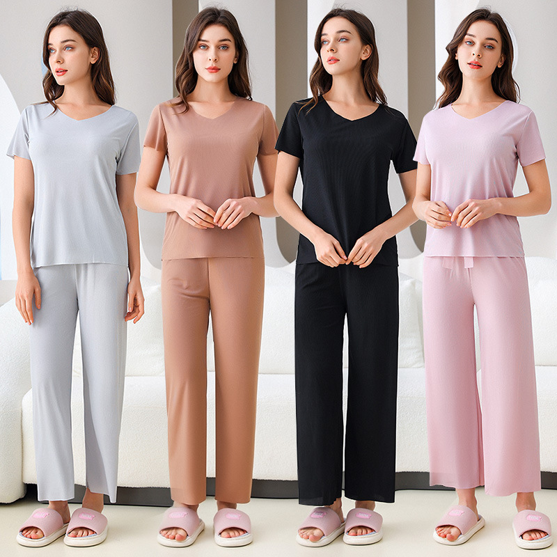 spring and summer new pajamas for women ice silk short sleeve loose plus size women‘s v-neck solid color suit thin homewear