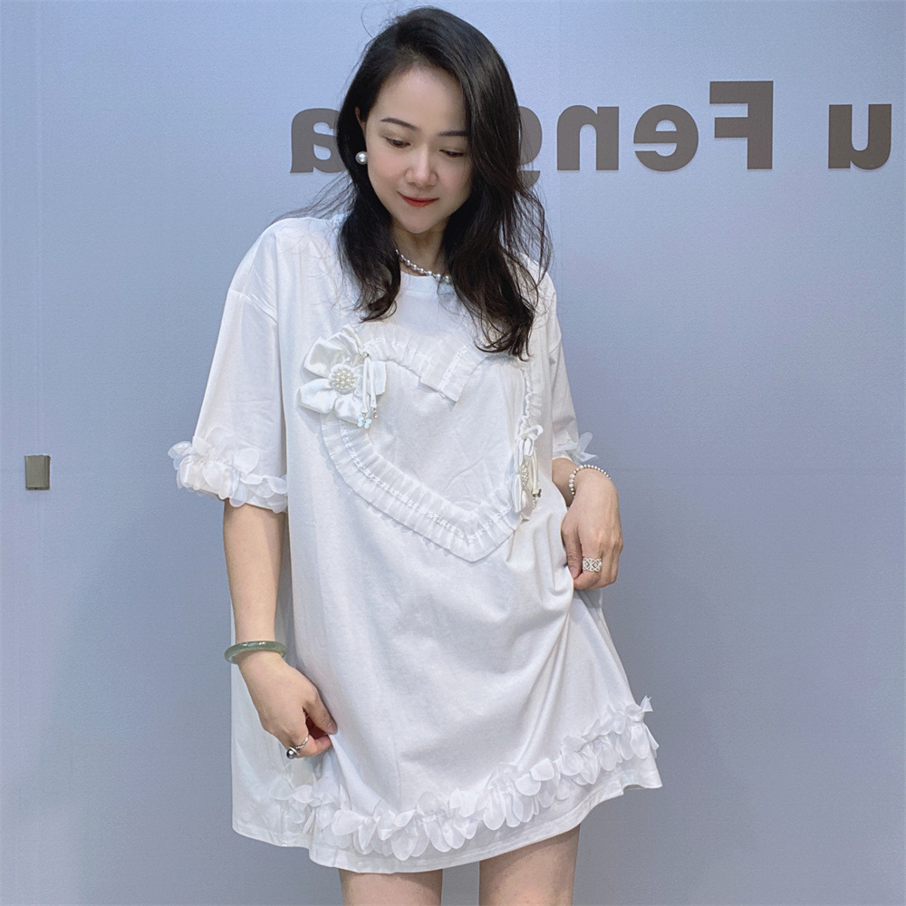 立体花大码中长款t恤女夏设计感小众气质宽松荷叶边短袖t大板上衣