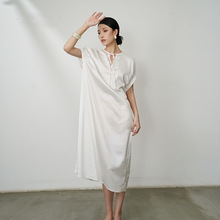 新中式领口抽褶系带短袖连衣裙女2024夏季气质衬衫式长裙子R22853