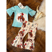 女儿童欧美西部牛仔图案夏季喇叭袖上衣+喇叭长裤子两件套童装ins