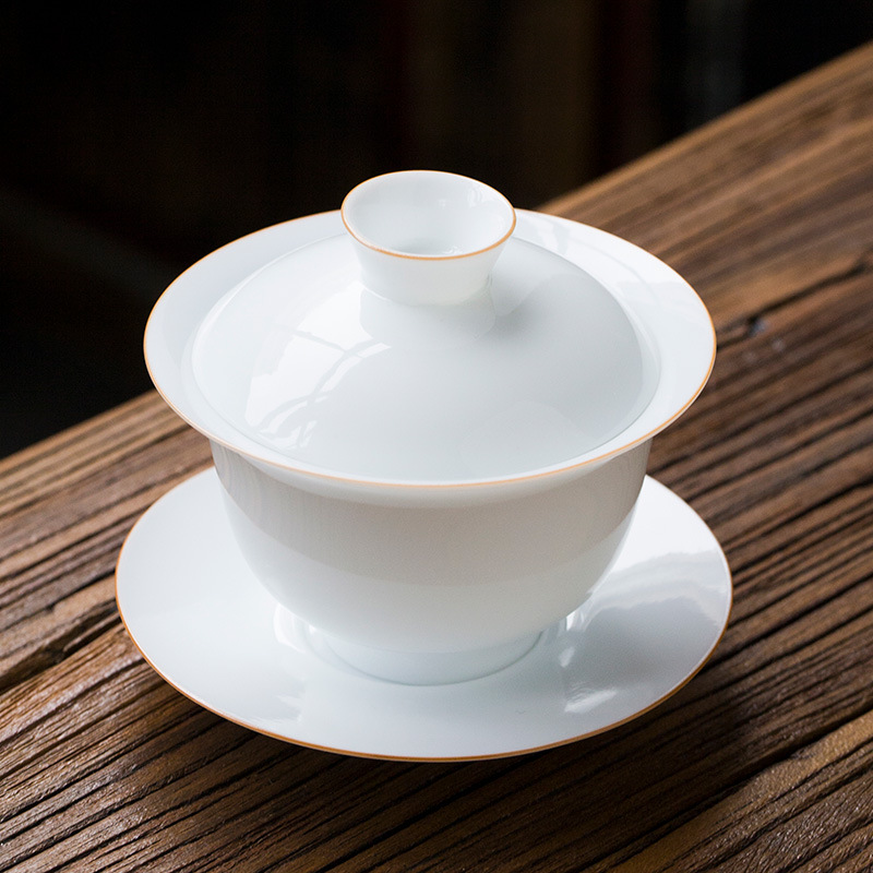 德化白瓷描金盖碗茶杯中式泡茶碗三才碗功夫茶碗大号手抓盖碗茶杯