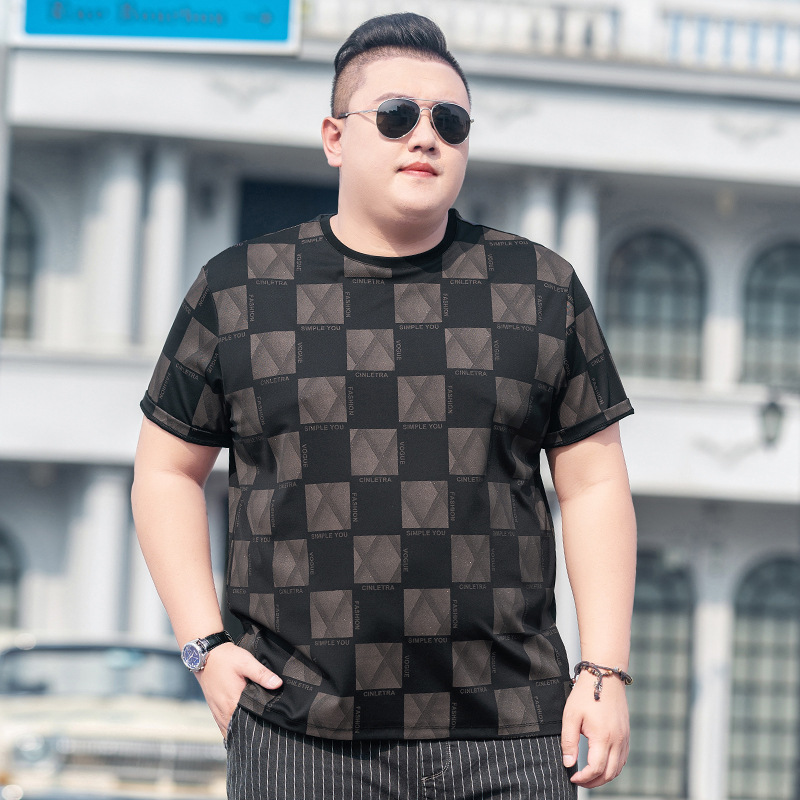 大码短袖t恤男加肥加大潮胖子夏装男装宽松肥佬圆领薄款格子半袖