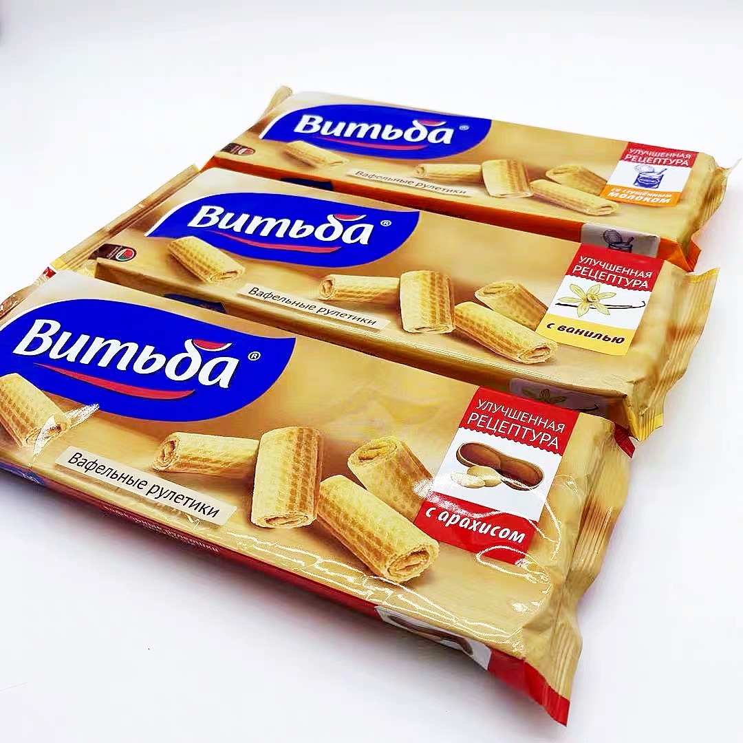 俄罗斯进口vitba维奇卡奶酥香草花生炼乳味威化卷酥心卷零食80g