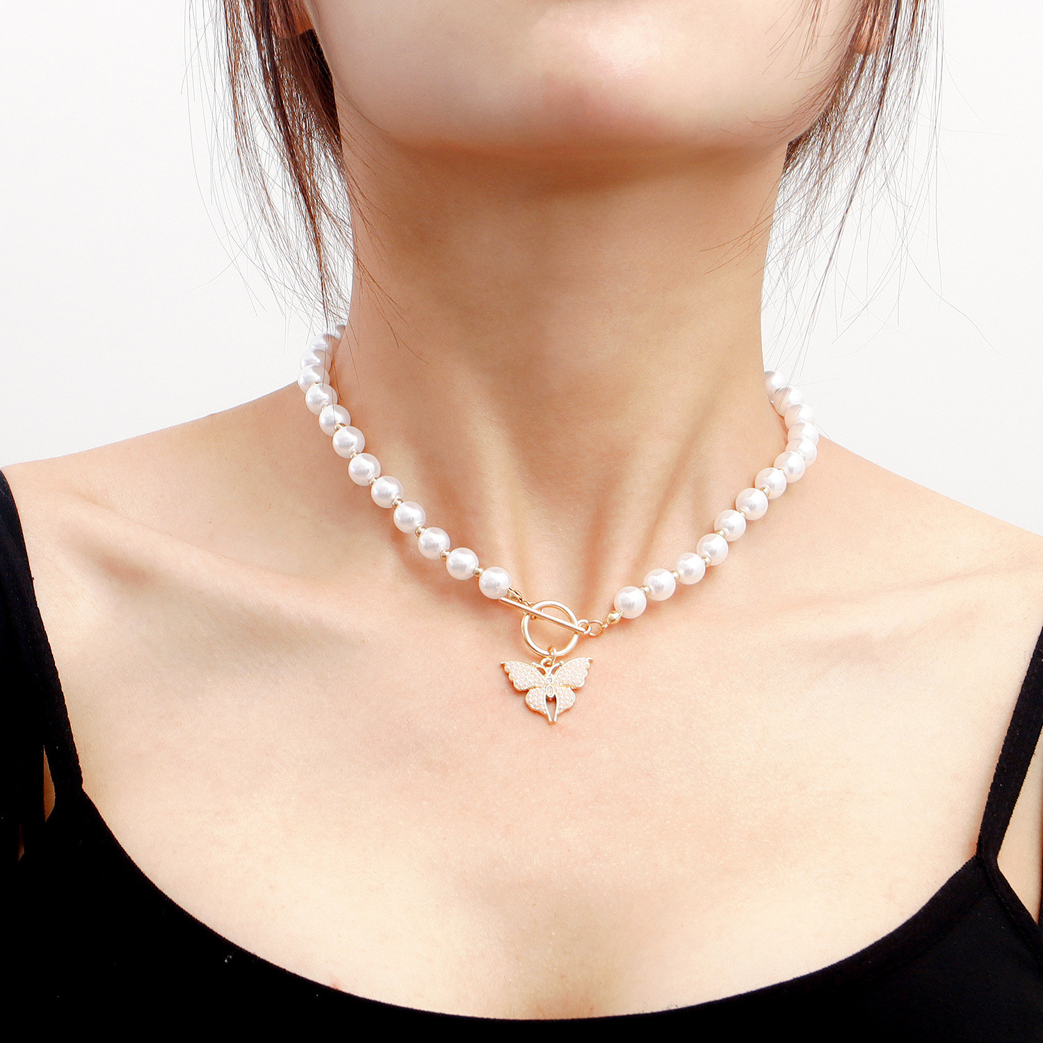 欧美跨境饰品 唯美蝴蝶贝珠串珠颈链项饰女 潮流小众高级项链轻奢