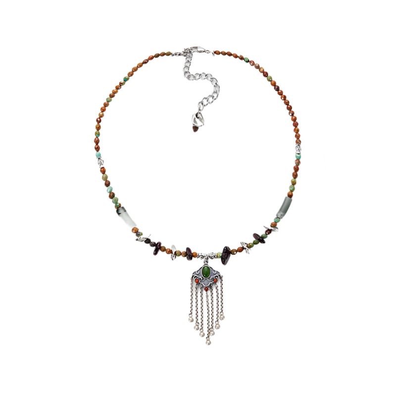 New Chinese Ethnic Style Tassel Lock of Good Wishes Tibetan Beaded Necklace Vintage Clavicle Chain Female Niche High Sense Necklace