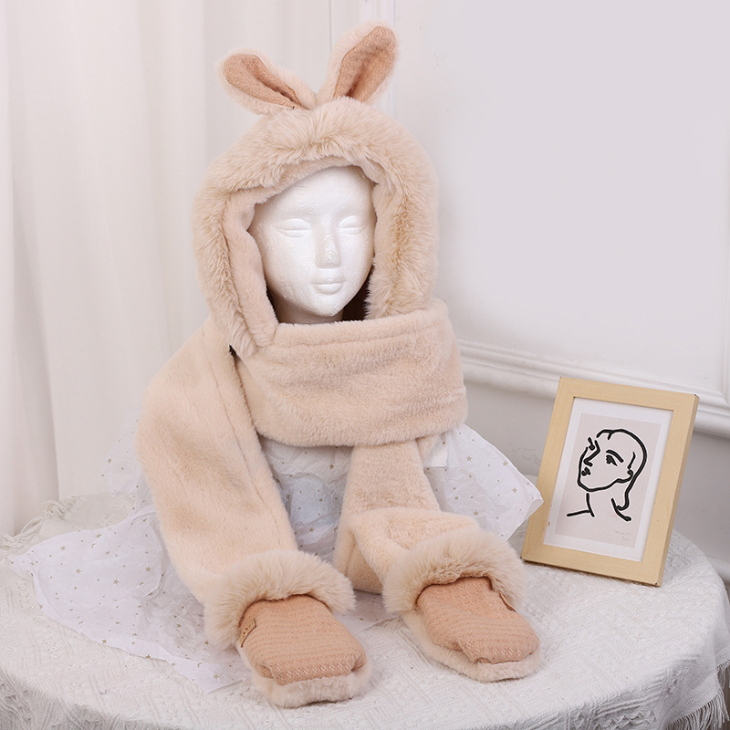 New Thickened Bear Hat Women's Winter Scarf Three-Piece Set Plush Cute Warm Scarf One-Piece Hooded Gloves