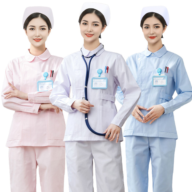 护士服女长袖分体套装蓝色偏襟短款粉色娃娃领短袖医护人员工作服