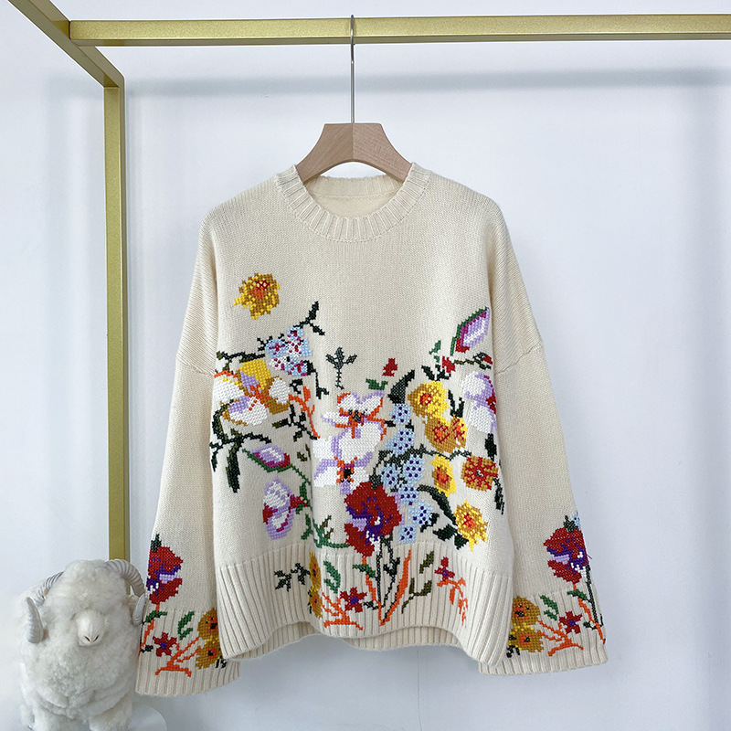 21秋冬新款针织羊绒衫女 十字绣风格手工绣花人间富贵花宽松毛衣