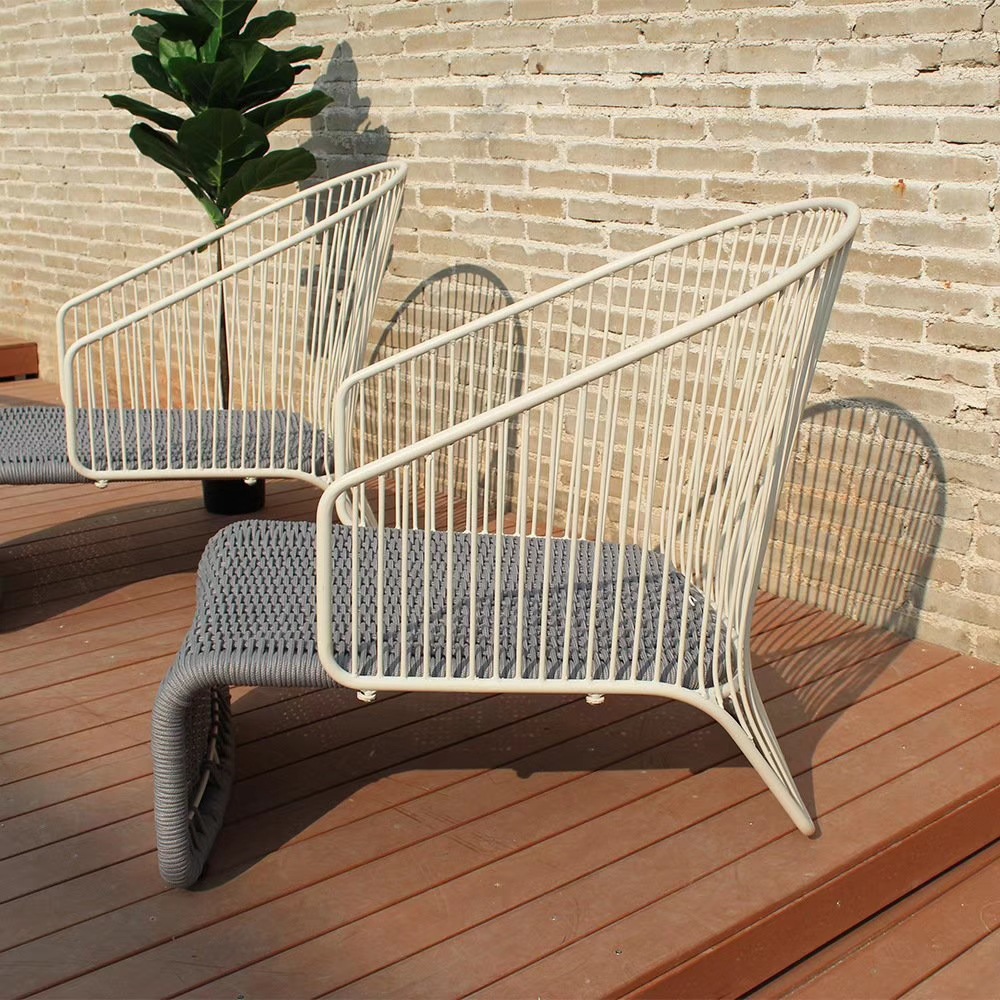 户外北欧藤编椅 阳台软装设计花园庭院铝合金线条编绳单人沙发