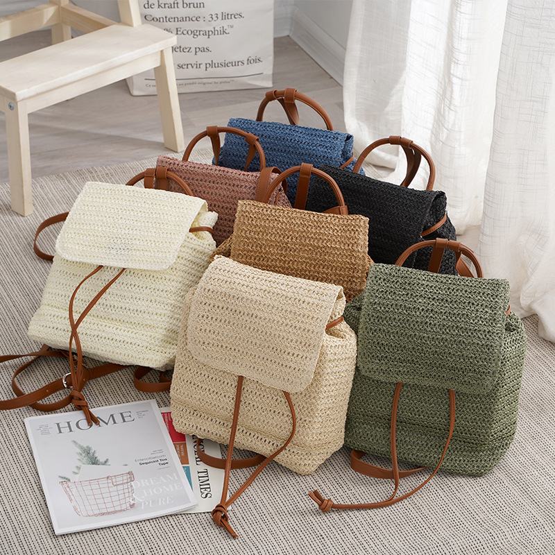 抽带编织草编包时尚大钩花编织草编包女包 背包沙滩草包水桶包