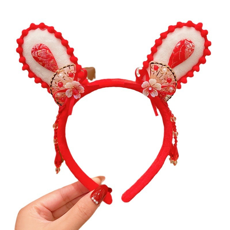 Chinese Style New Year Chinese Style Red Little Girl New Year Greeting Headband Festive Hairpin Hair Hoop Headdress Children Rabbit Ear Hair Accessories New