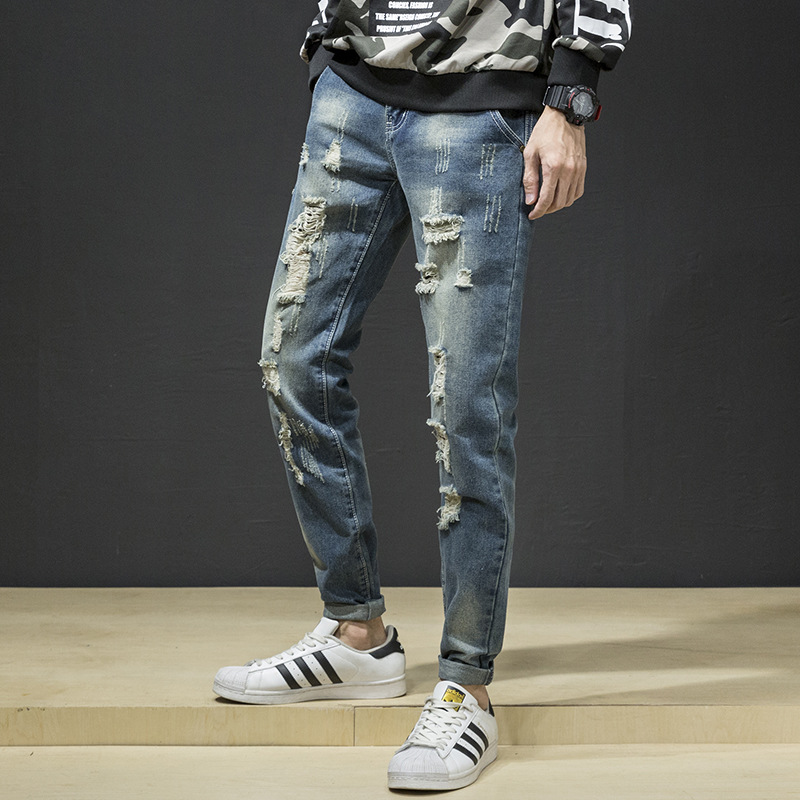 American Retro High Street Washed Worn Jeans Men's Ins Fashion Brand Loose Straight Trousers