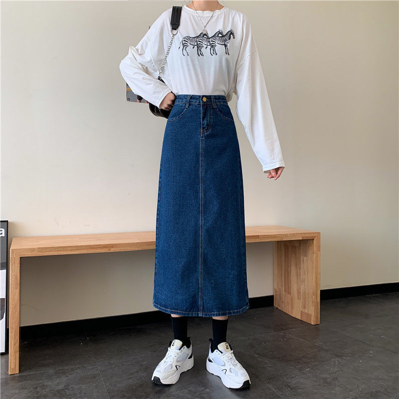 Straight Skirt Retro Black High Waist Denim Skirt Women's Autumn and Winter Split Slimming Versatile A- line Midi Skirt