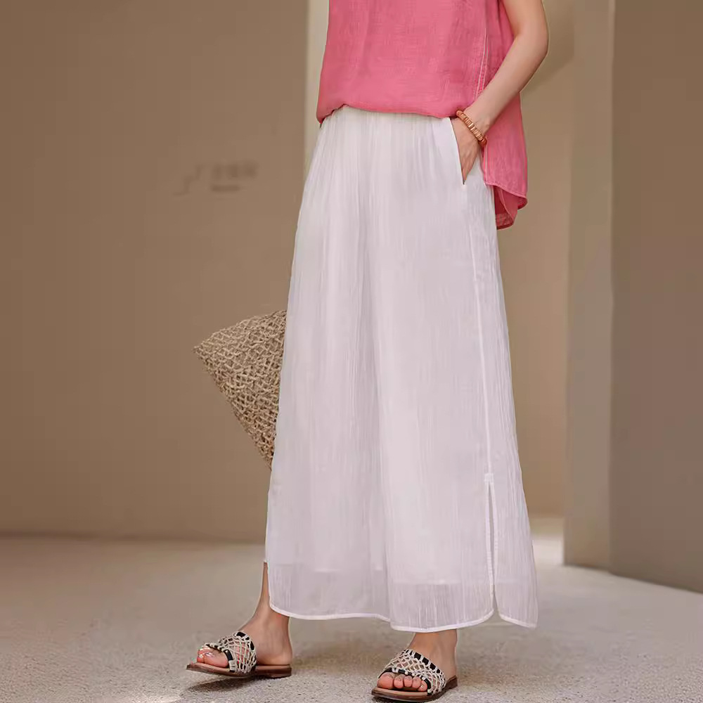 2024夏新款防晒清凉飘逸大摆开叉苎麻加捻细皱手工刺绣显瘦阔腿裤