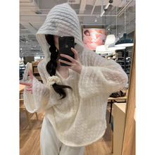 中长版镂空连帽毛衣女装春季宽松毛针织衫长袖慵懒风罩衫上衣