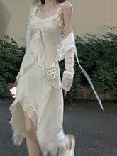 法式漂亮气质不规则荷叶边白色吊带连衣裙仙女海边度假开叉长裙子