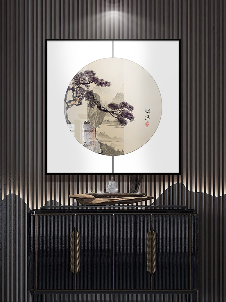 新中式玄关装饰画餐厅饭店进门大堂迎客松挂画茶室禅意山水墨壁画