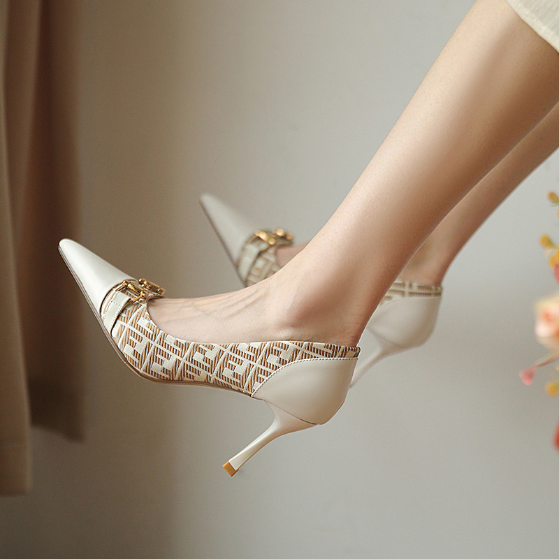 2022春夏季新款女皮鞋尖头细高跟鞋金属拼色牛皮四季鞋时装单鞋女