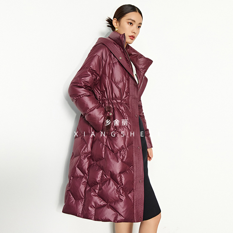 Women's Winter Thin down Jacket Mink Fur Bag Mouth Decorative Temperament Mid-Length down Jacket Dark Drawstring Waist-Tight Brand
