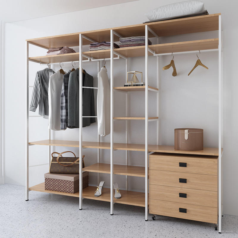 实木衣柜家用卧室衣橱简易衣柜步入式金属开放式挂衣架落地衣帽间