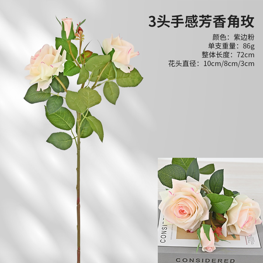 High-End Entry Lux Three Heads Moist Feeling Aromatic Emulational Rose Flower Living Room Home Decorations Wedding Festival Props