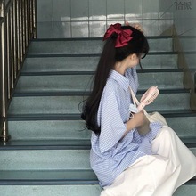 夏季套装女学生韩版宽松蓝色格子短袖衬衫+高腰A字半身裙两件套潮