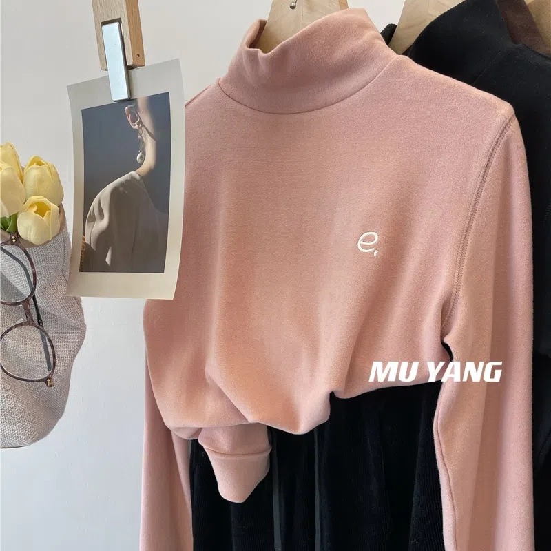 奥特莱斯~撤柜外贸双面德绒刺绣e字半高领宽松长袖t恤打底衫女冬