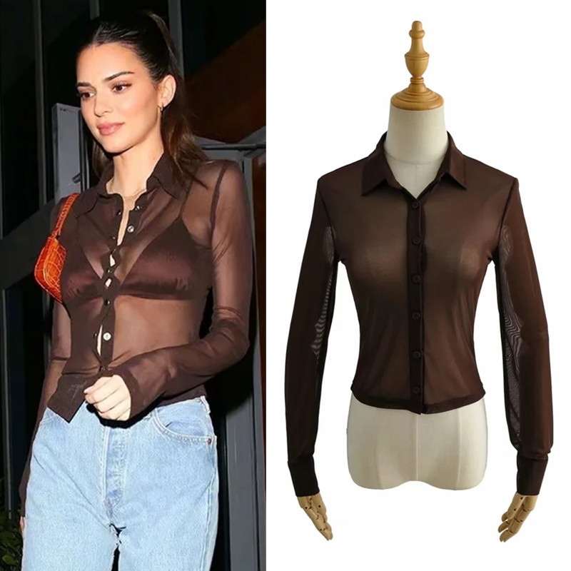 欧美ins肯豆同款性感网纱透视翻领单排扣长袖衬衫女纯色开衫上衣