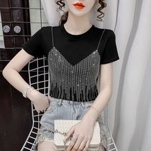 重工烫钻短袖T恤女2021夏季新款韩版时尚修身设计感小众短款上衣