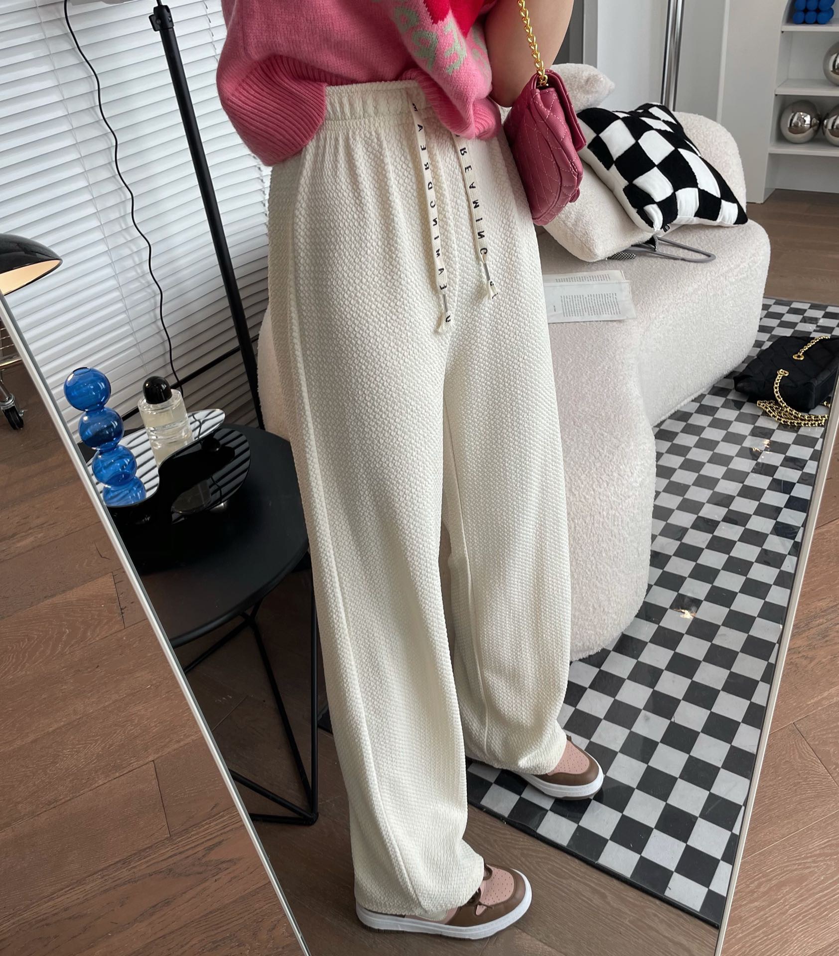 春季新款字母抽绳泡泡裤直筒裤拖地裤女休闲韩系f8516