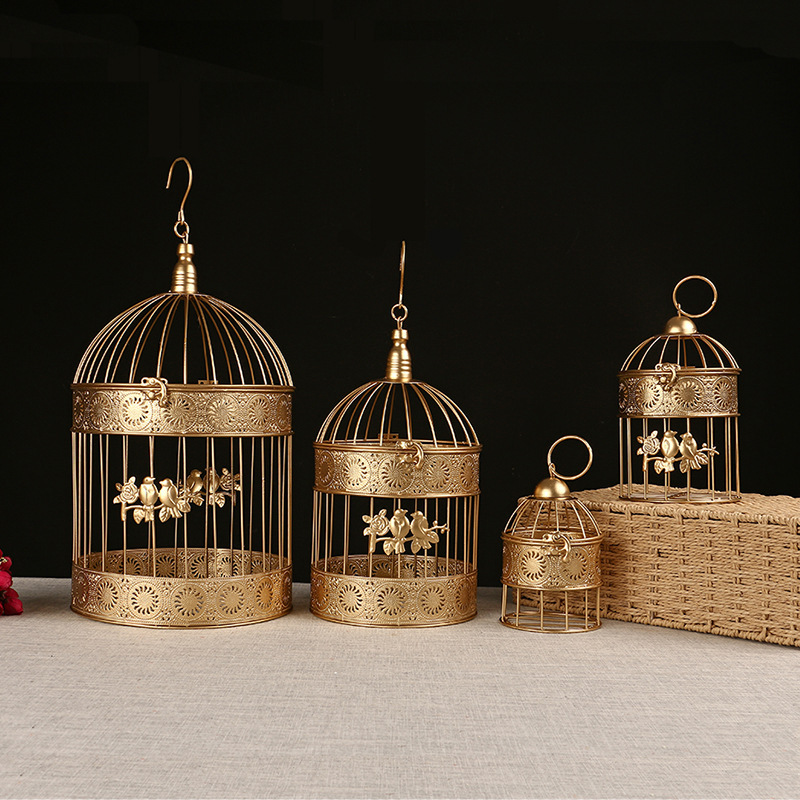 金色铁艺鸟笼挂件服装店橱窗鸟笼装饰架欧式金属镂空婚庆鸟笼挂饰