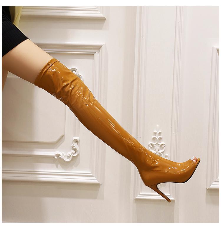鱼嘴漆皮过膝长靴性感靴子女夏夜店超高跟长筒靴钢管舞高跟鞋大码