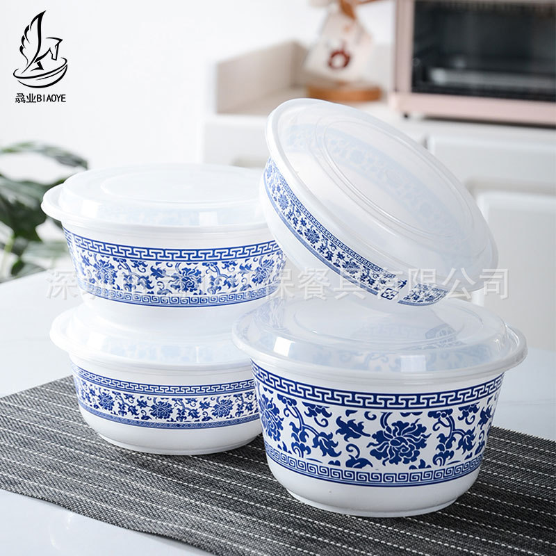 Disposable round Bowl Blue and White Porcelain Takeaway Packaging Bowl Chinese Style Lunch Box Dessert Sugar Water Frosted Blossom Taro Ball Thick Pp Bowl