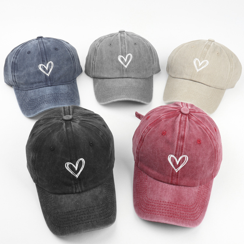 Men's Trendy All-Match Peach Heart Washed Distressed Embroidered Spring and Summer Baseball Cap Women's Korean-Style Thin Couple Soft Peaked Cap